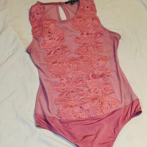 Haute Monde Mauve Blush Sheer Floral Applique Bodysuit/Romantic/Sexy/Fitted